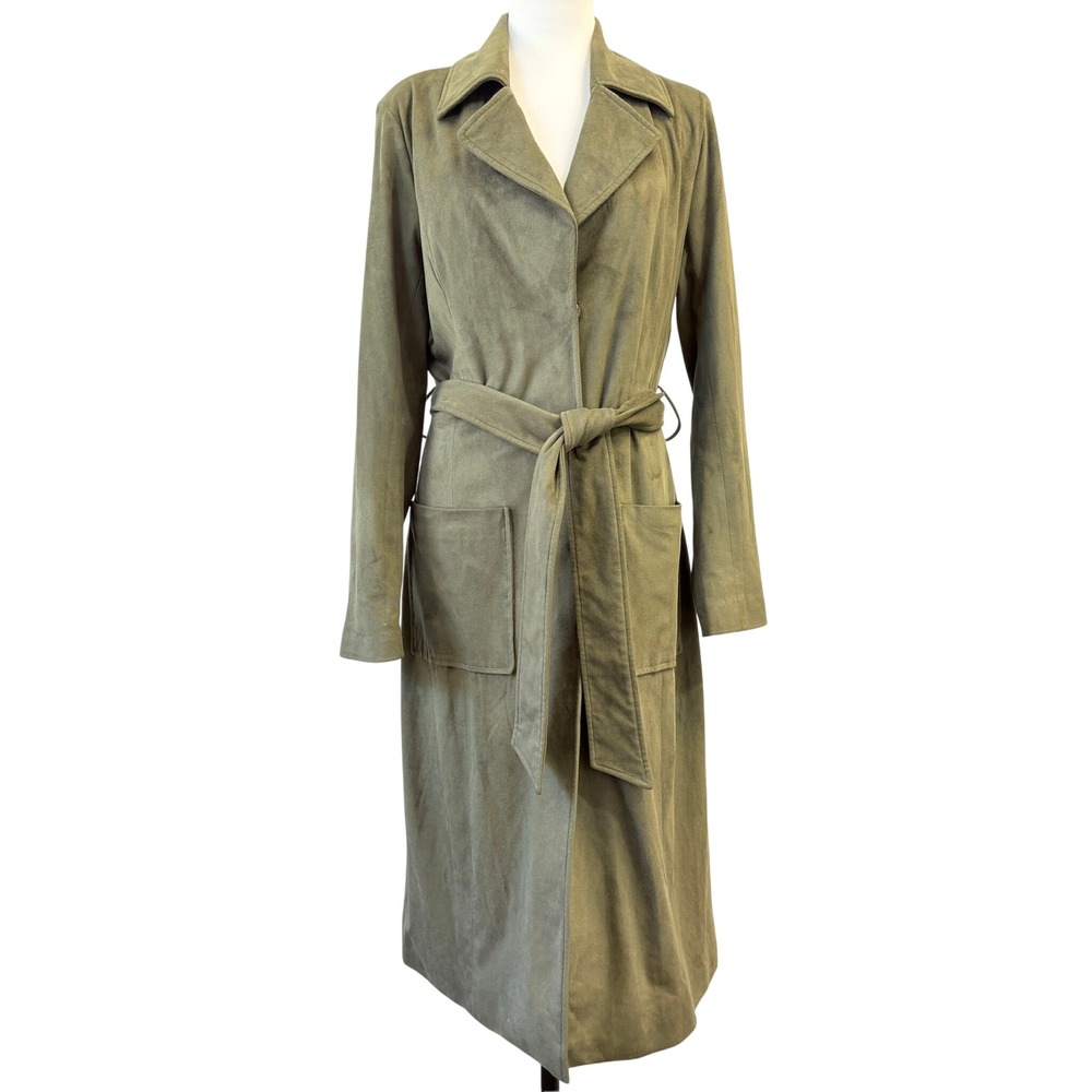 Belle Badgley Mischka Olive Green Faux Suede Belted Trench Coat Womens Medium
